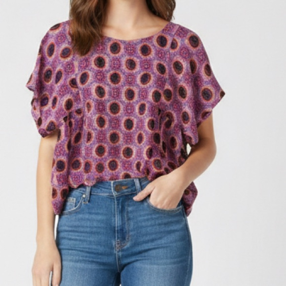 Anthropologie Maeve Milla Print Top Pink Purple Medallion Pattern size small